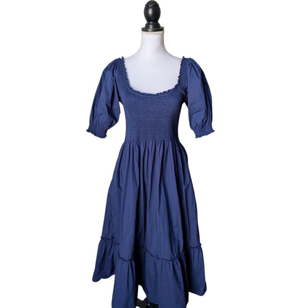 Hill House Navy Blue The Louisa Nap Dress Size Medium Smocked Puff Sleeve Midi
